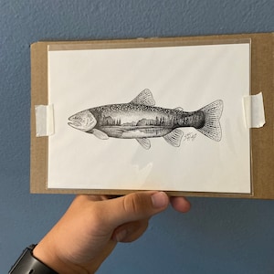 Lake Trout, Pen and Ink Print, Fishing and Nature Art, Black and White ...