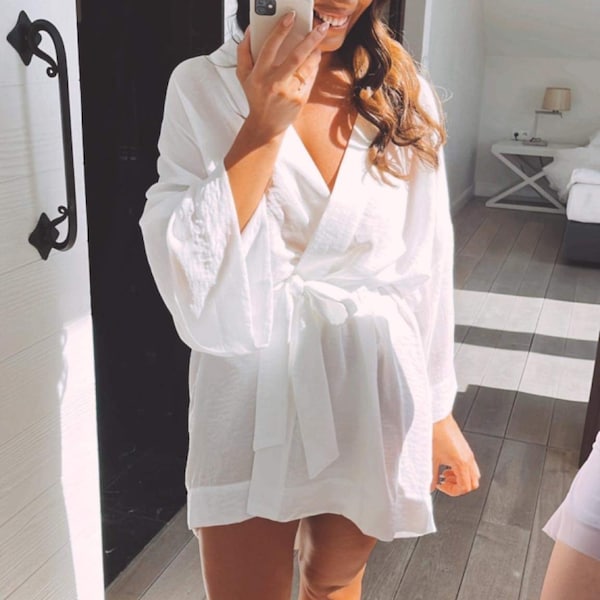 Long Silk Blend Kimono Robe for Women, Blue Plus Size Dressing Gown ...