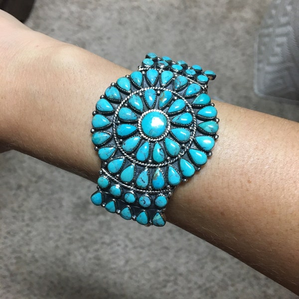 Southwest Style Kingman Turquoise 925 Sterling Silver Cluster Cuff ...