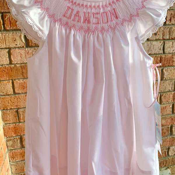 Smocked Dress/personalized/name/white/pink/pink Rick Rack Angel Sleeves ...