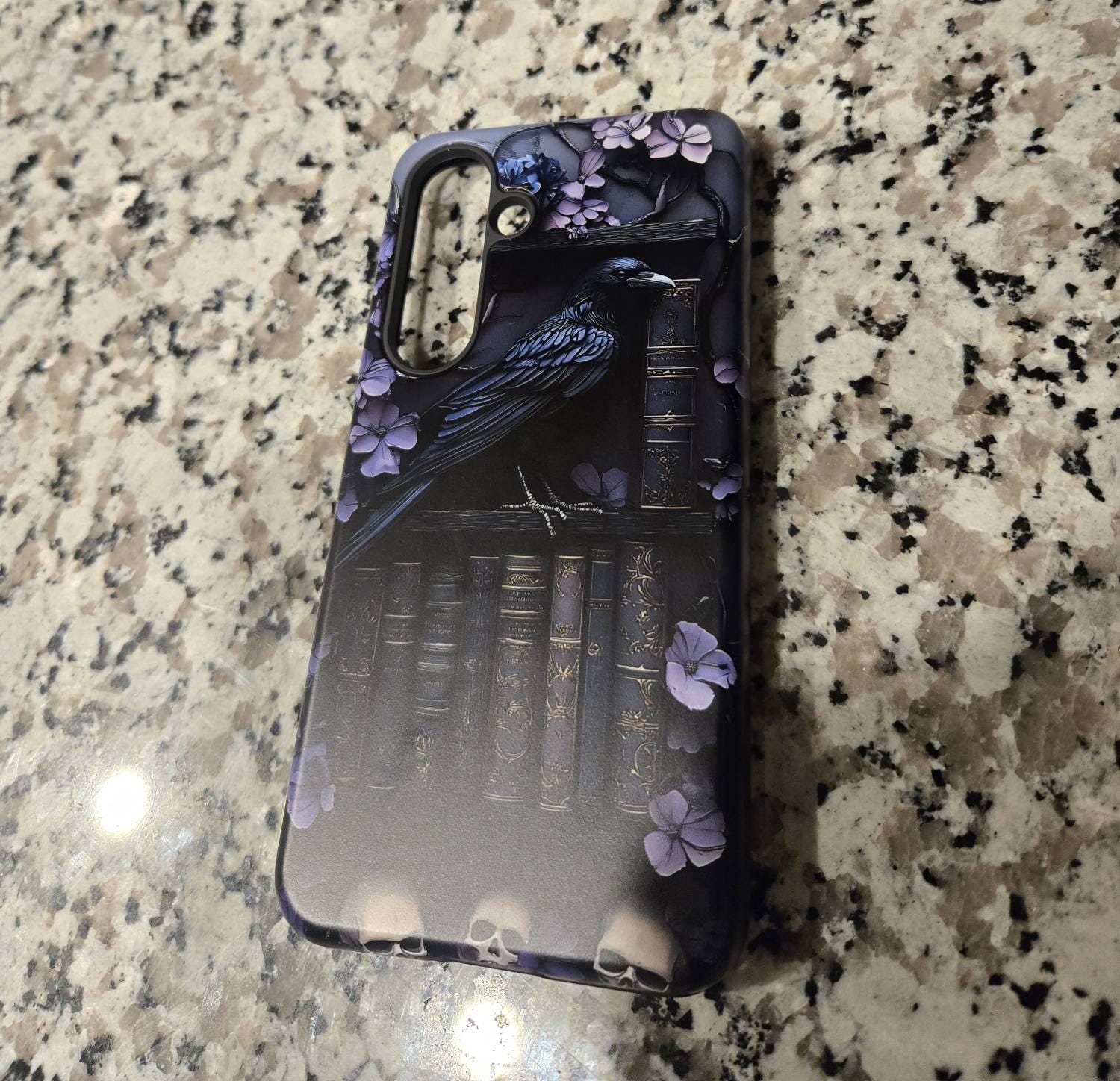 Purple Gothic Raven Bookshelf Phone Case, Gift for Book Lovers, Library Dark Academia Aesthetic, iPhone 16 15, GalaxyS25, Pixel 9 Pro Case