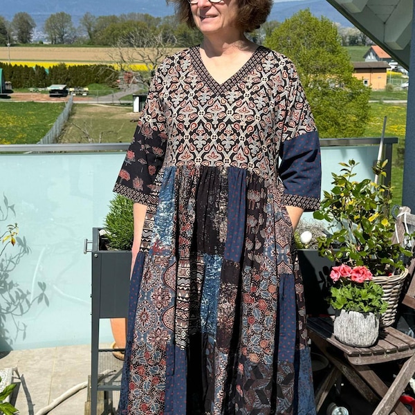 Red - Patchwork Pochampally Ikat Cotton Kaftan (Short) 07