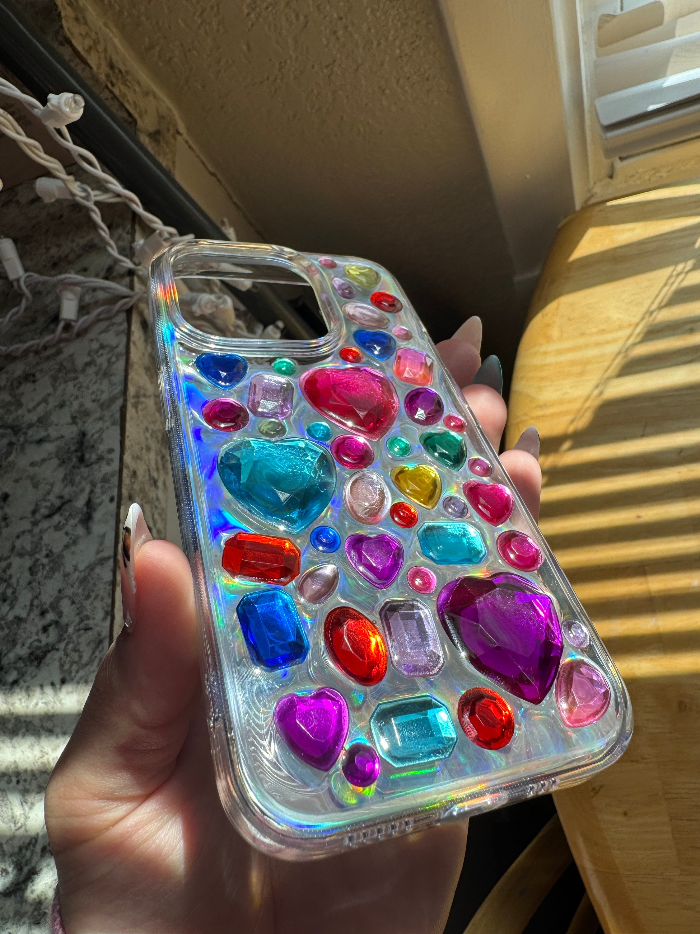 Bling Rhinestone 3D Phone Case, Holographic Insert Phone Case, Glitter iPhone Case, Hearts Phone Case for iPhone 12/13/14/15 Pro Max, Galaxy