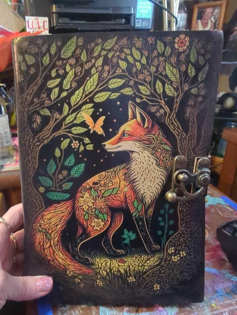 400 Page Large Fox Vintage Handmade leather Journal, Grimoire Fat journal Blank spell book of shadows Christmas Celestial Gifts For Him Her