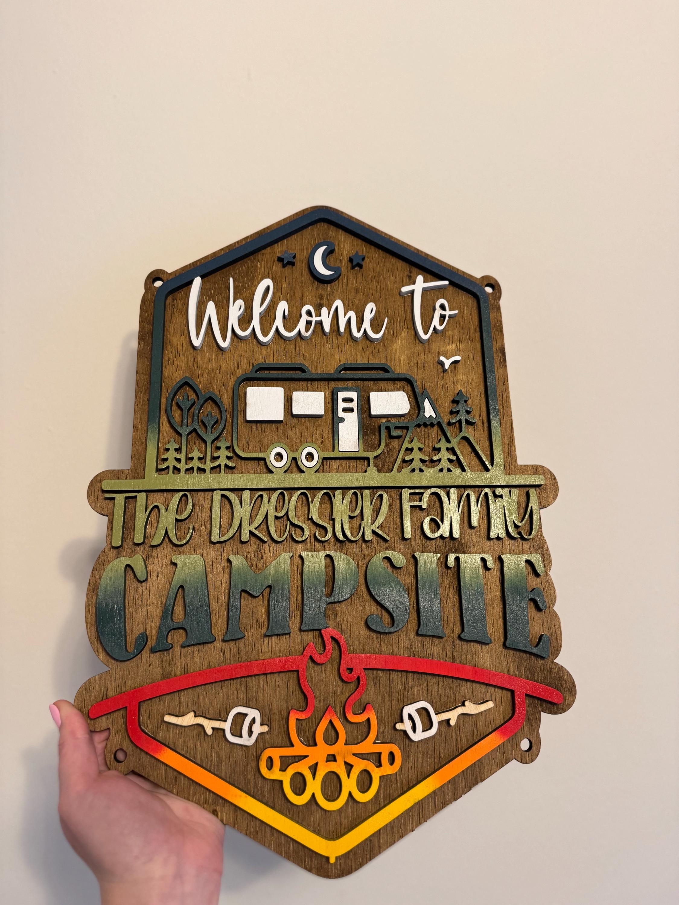 Welcome to our Mountain Campsite Personalized Sign Standard Size Only includes Yard Stake