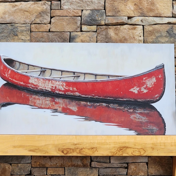 Vintage Red Canoe Art - Rustic Wall Decor Print, Perfect Nautical Decor ...