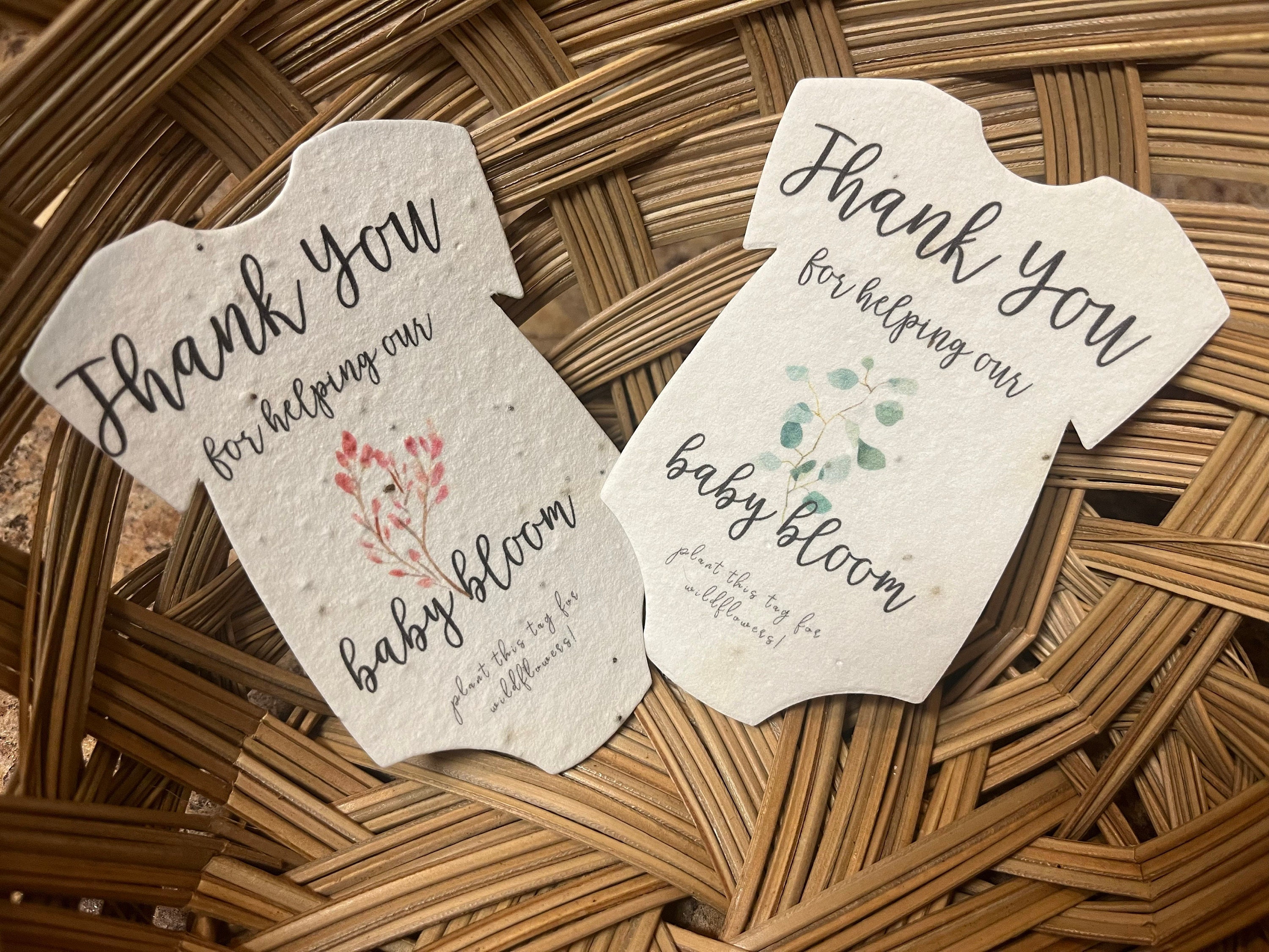 Infant Bodysuit Shape Thank You Baby Blooms Seed Paper 3&quot; x 2&quot; Wildflower Cotton with guides and envelopes - Pick your Flower