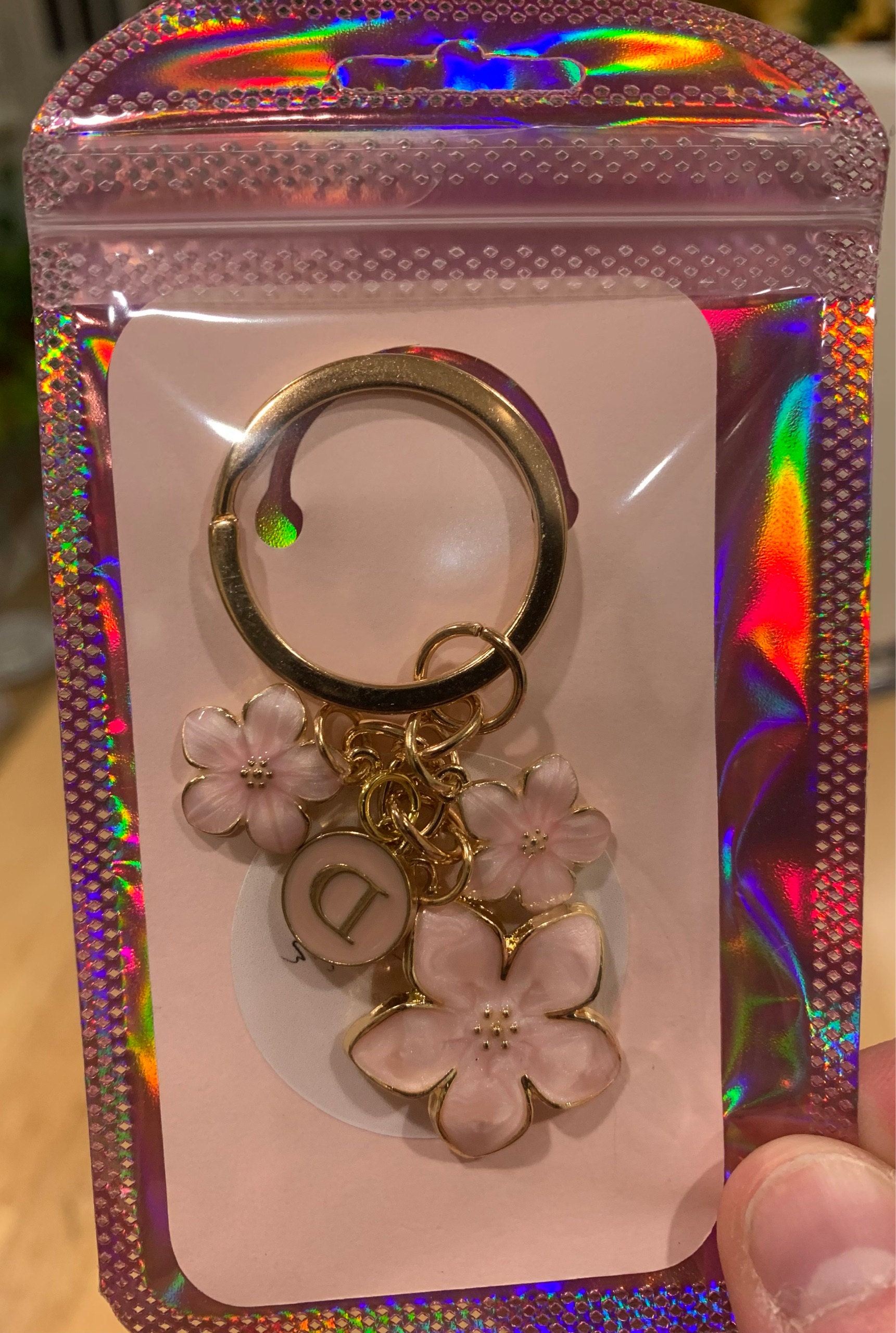Cherry Blossom Pink/White Flower Charms Keychain with Custom Name Initial