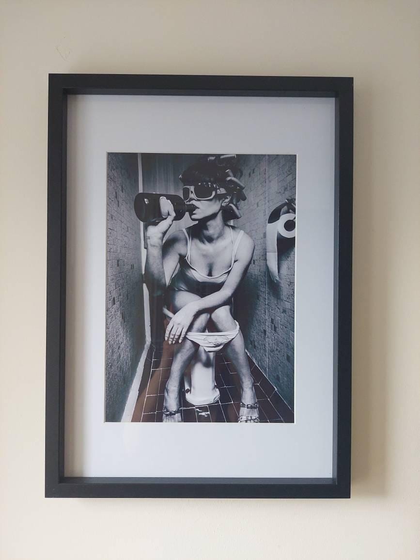Drinking in the Bathroom, Girl on the Toilet, Black and White Bathroom Prints, Framed Print/Poster or Downloadable Art
