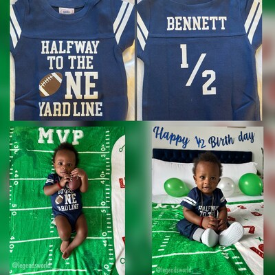 Personalized 6 Month Half Birthday Football Outfit Set – Bodysuit, Hat & Leg Warmers “Halfway To First Down”
