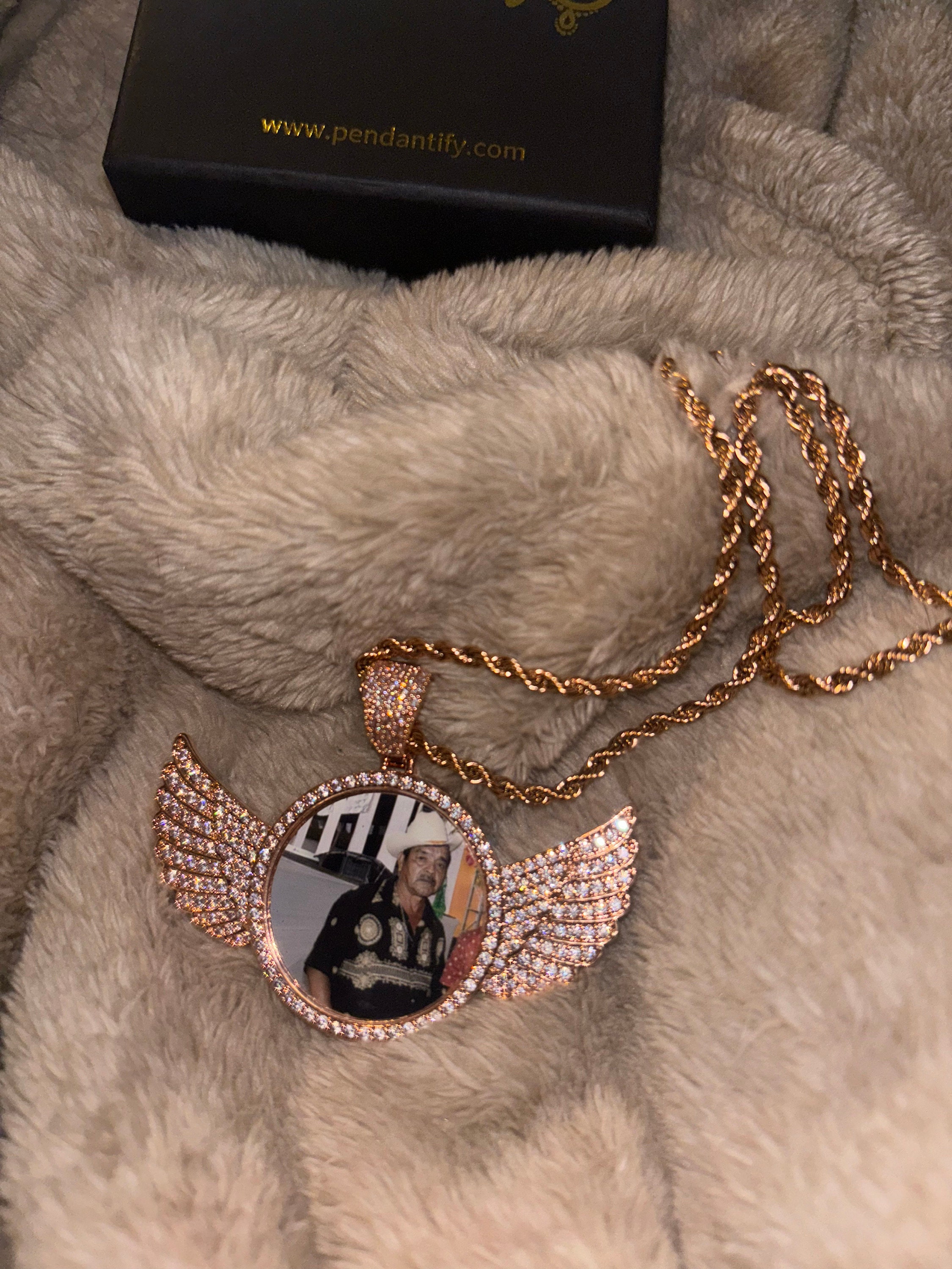 Personalized Diamond Studded Angel Wings Photo Necklace, Photo Necklace, Hip Hop Photo Pendant, Iced Custom Round Photo Pendant