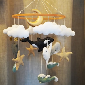 Flamingo Baby Mobile | safari neutral animals Africa nursery felt giraffe, lion and elephant crib moon and clouds babyshower gift