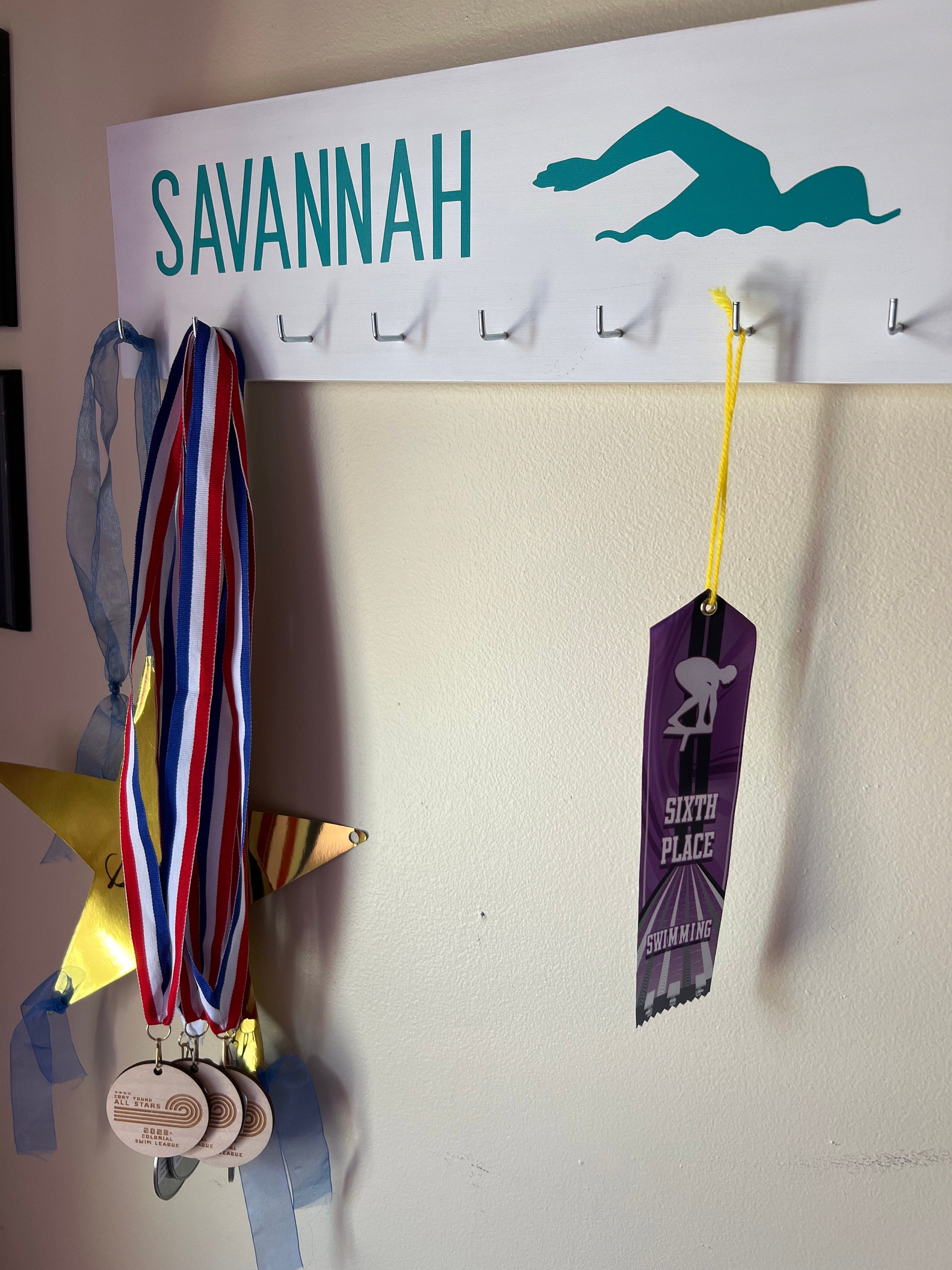 Personalized Swim Ribbon Holder Award Display with Hooks/Clips