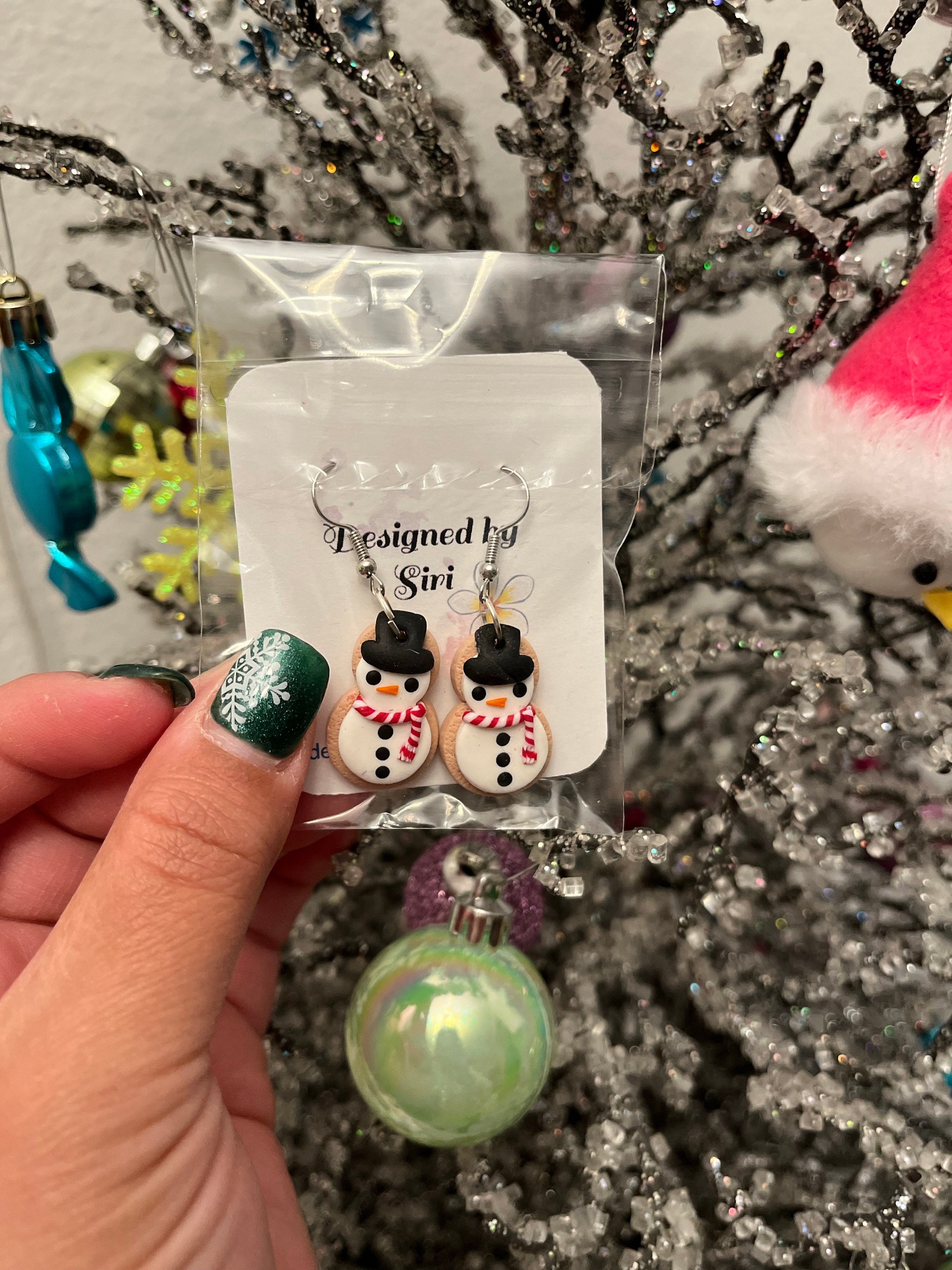 Pink Christmas Earrings, Snowman Earrings Clay, Fish Hook Wires Dangle Sugar Cookie Handmade Jewelry, Pine Tree Christmas Tree Earrings