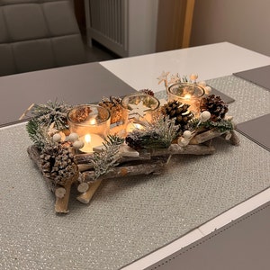 Christmas Candle Holder Wooden Branch & Pine Cone Shooting Star Triple ...