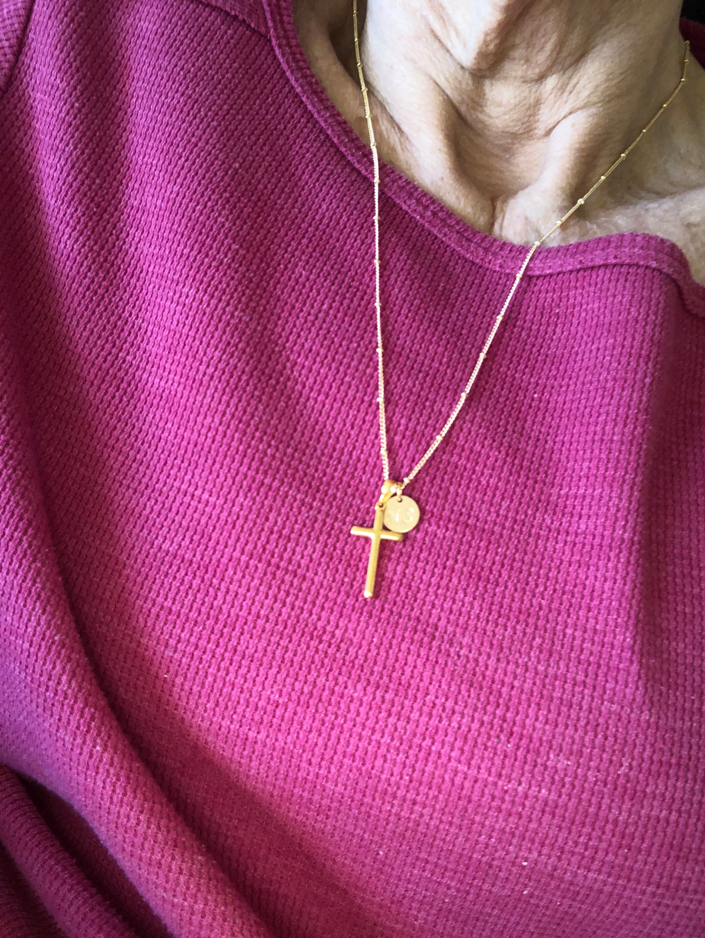 Gold Cross Necklace, Personalized Initial, Hand Stamp Disc, Religious Pendant, Gold Filled Cross Necklace, Birthday Gift, Christmas Gift