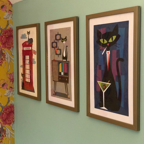 Tuxedo Cat Art, Mid Century Modern Art, Black and White Cat Art Print ...