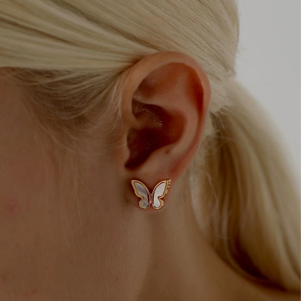925 Silver with Mother Of Pearl Cubic Zirconia  Stud Butterfly Earring Jewelry