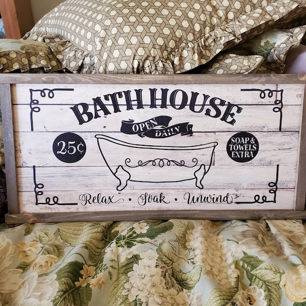Farmhouse Bath House Wood Sign: Rustic Bathroom Wall Art - Etsy