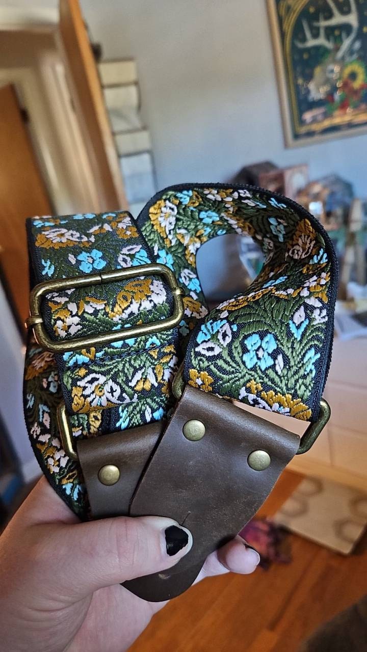Green Floral Guitar Strap made with Genuine Leather, Adjustable Strap for Acoustic, Electric or Bass Guitars, Gift for Musician