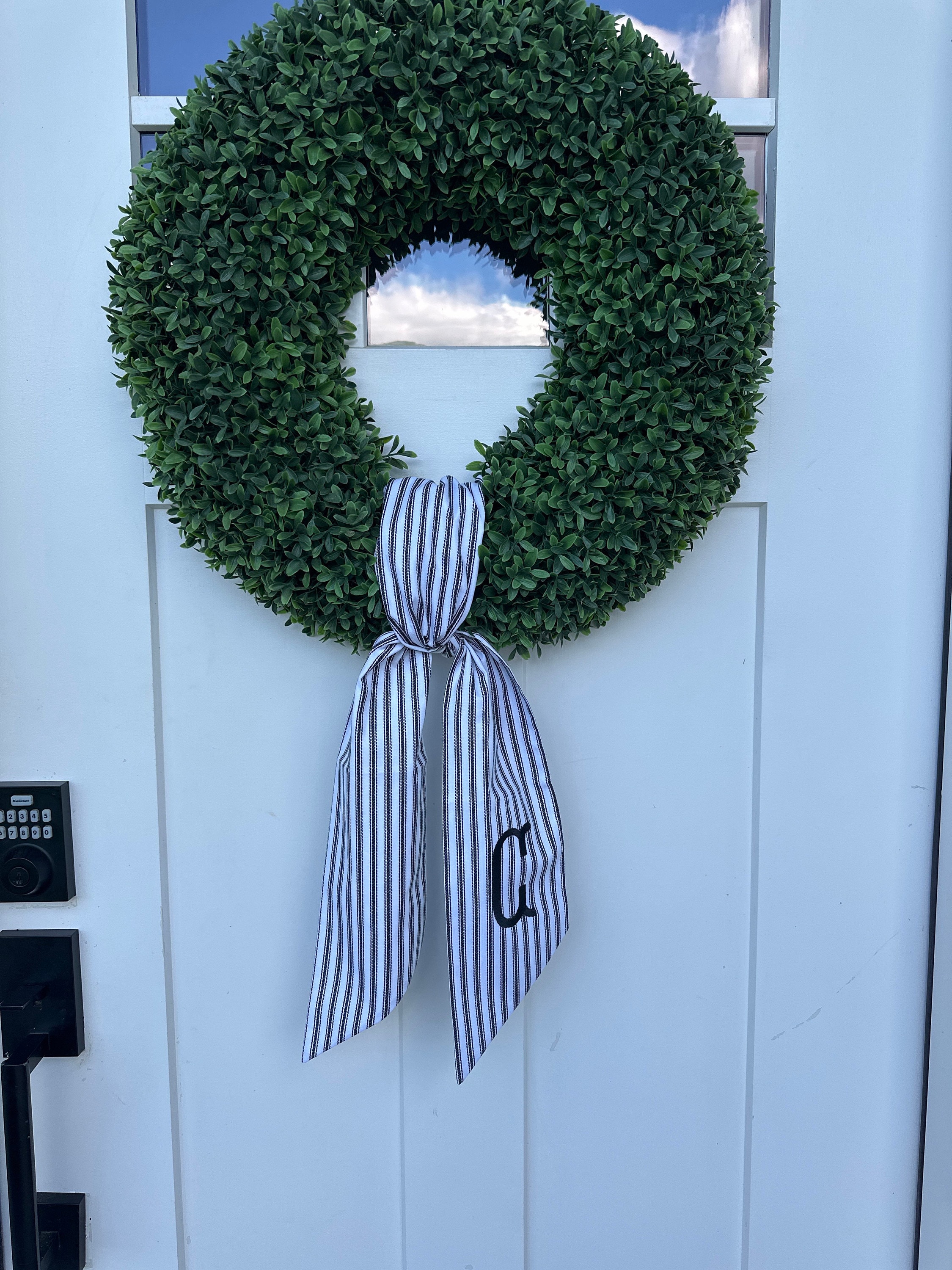 Personalized Black Ticking Stripe Wreath Sash for Front Door, Modern Farmhouse Decor, Striped Embroidered Scarf for Boxwood Wreath, Birthday Gift for Friend