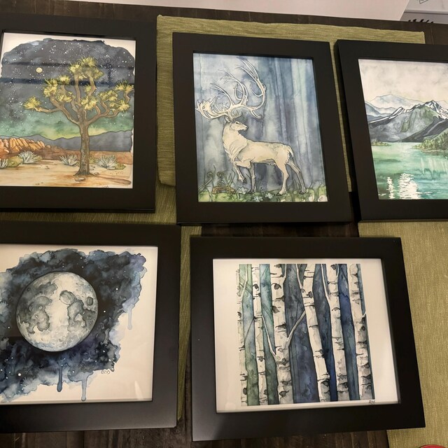 水彩画「白樺の木」 - プリント「青い白樺の森」、白樺の木のアート