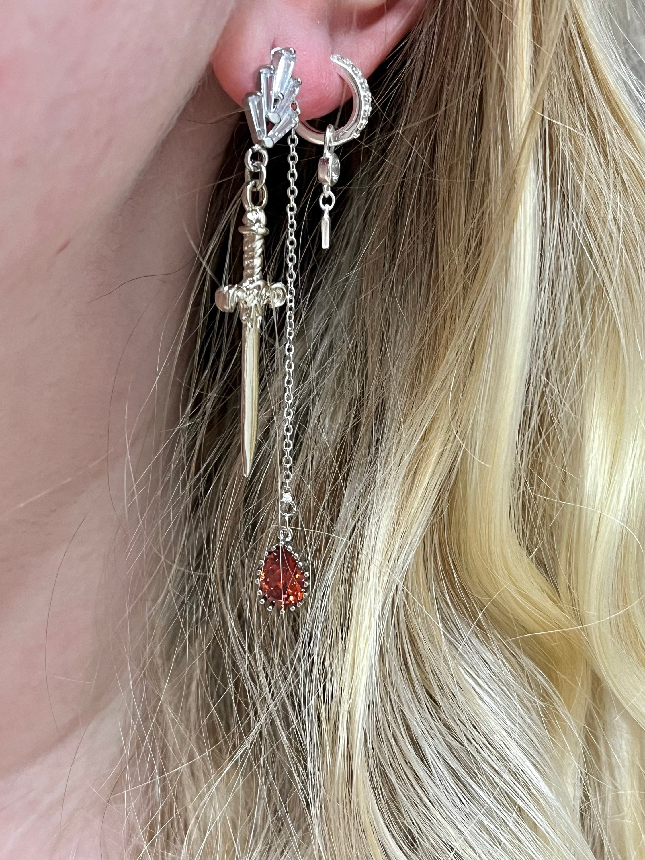 Sword and Blood Drop Dangle 2 Way Earrings / Gold,Silver, Black Deep Red Teardrop Earrings
