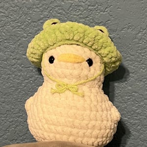 カエルの帽子をかぶったアヒルのぬいぐるみ（かぎ針編み）：手作り