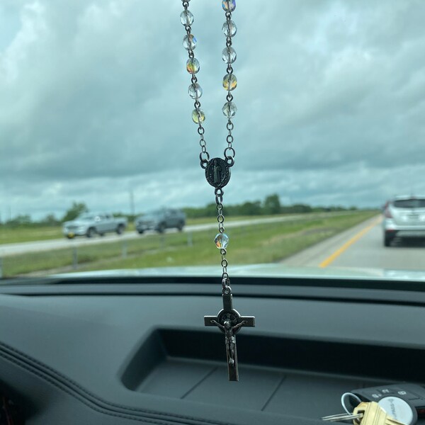 Angelitos De Mexico Handmade Czech Crystal Car Rosary – One Decade Saint Benedict Mirror Hanging - View #2