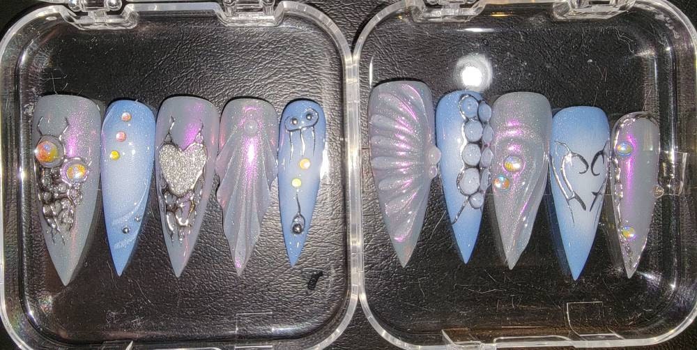 Free Style Blue Mermaid Almond Press On Nails, Handpainted Fake/False Nails, Prom/Event/Birthday Nails, Goth/Gothic/Y2K/Aura Nai