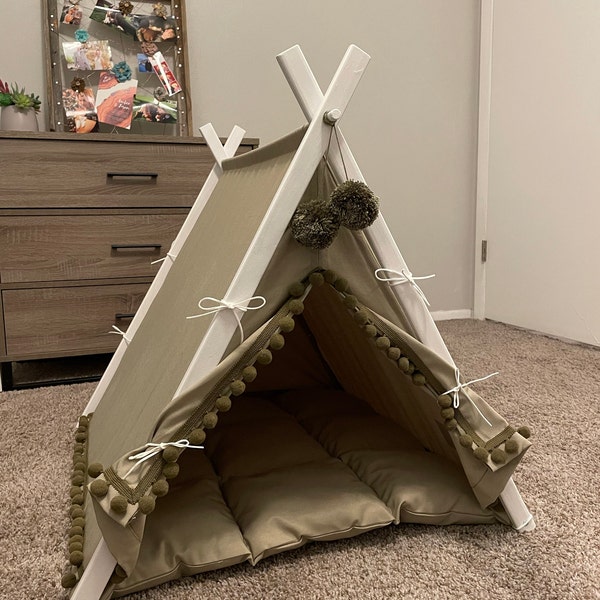 Black Dog Bed With Pompoms. Boho Chic Dog Teepee Tent. Bohemian French