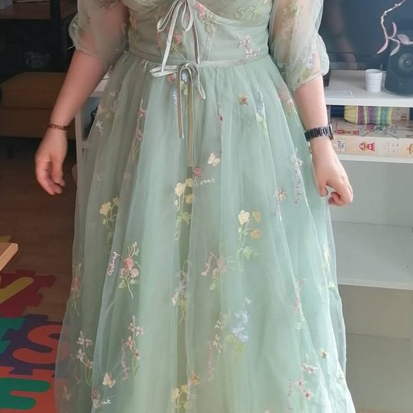Fairy Floral Dress Women 2026.Fairycore Sage Green Forest Fairy Floral Dress Plus Size Prom Corset ...