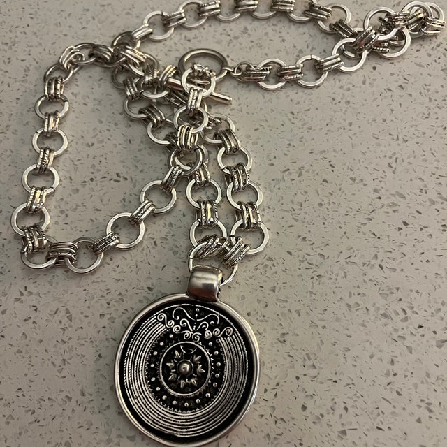 Long Statement Bold Chain Pendant, Antique Silver Disk Long Statement Bold Chain Pendant, Antique Silver Disk