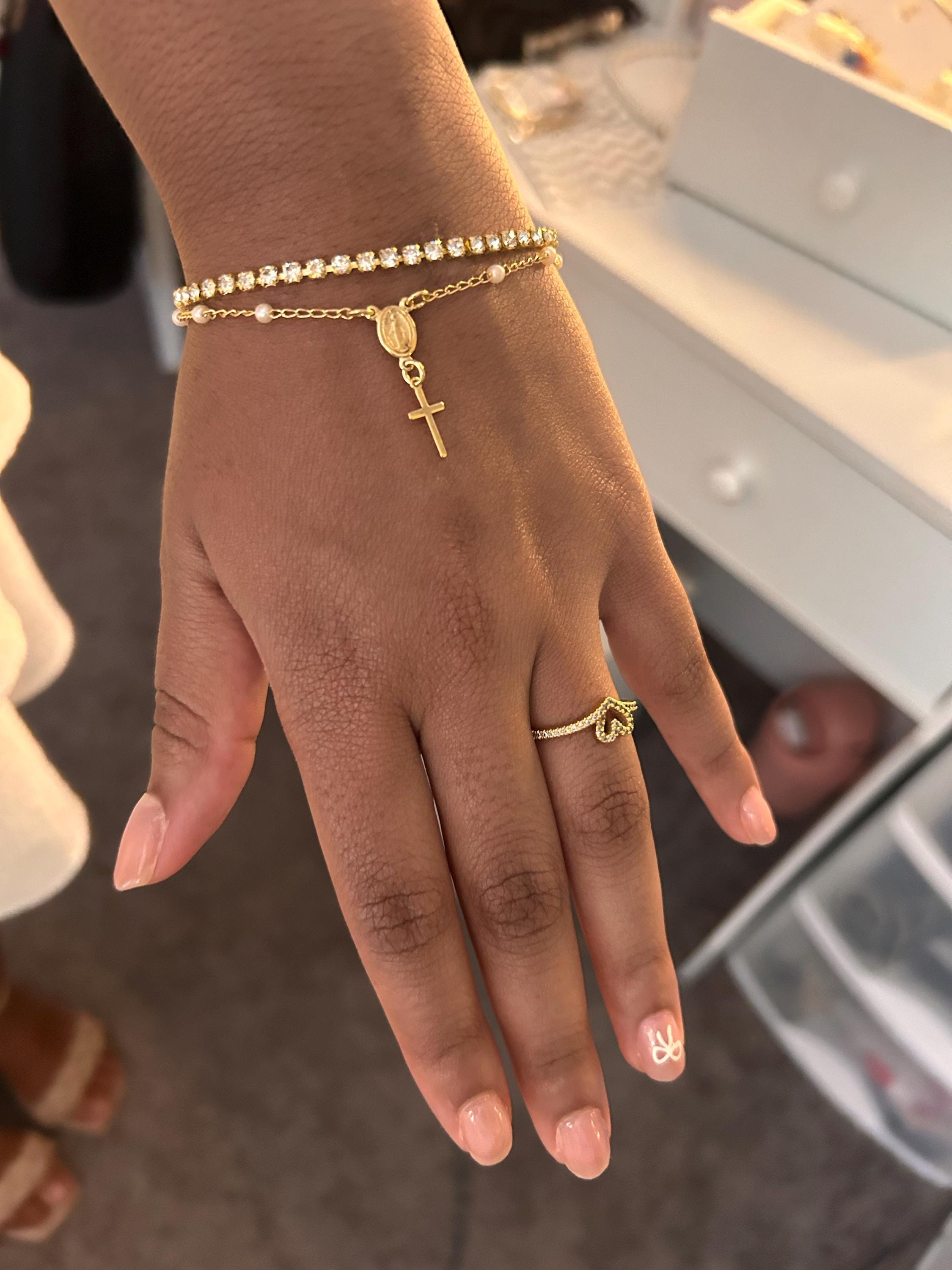 18k Dainty Gold Filled Beaded Pearl Satellite Rosary Bracelet with Virgin Mary and Crucifix Charm