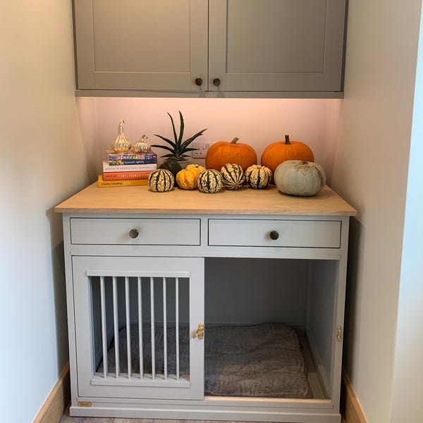 View of Double Wooden Dog Bed/crate/kennel/ TV Sideboard- Drawers and Divider ...
