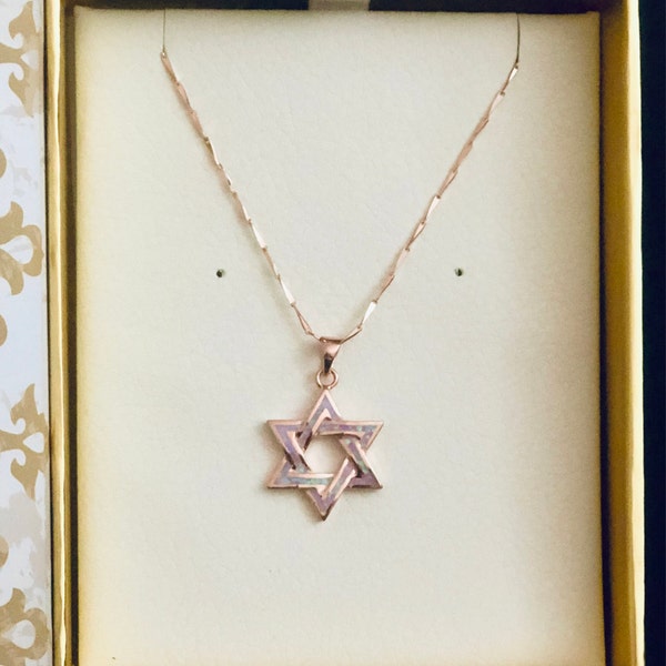 Opal Pink Star Of David With Silver Necklace - Chain 18 inch  Pendant 1/4 inch  W 1/4 inch  H main image 1