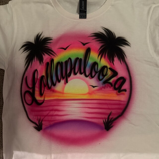 Airbrush T-shirt - Beach Scene - Sunset - Rainbow - Palm Trees