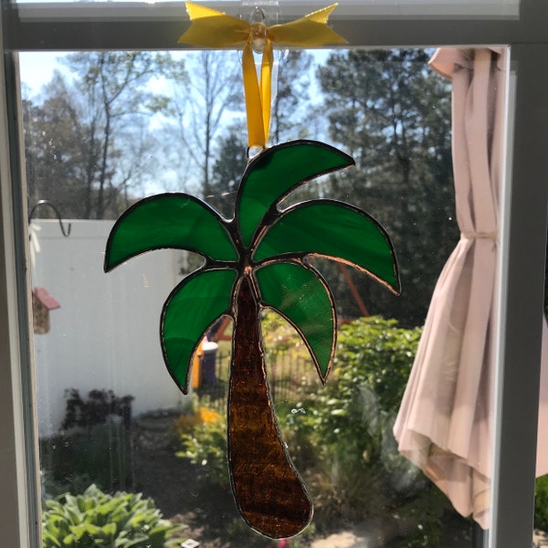 Palm Tree Stained Glass Suncatcher, Tropical Beach Coastal Window Decor ...