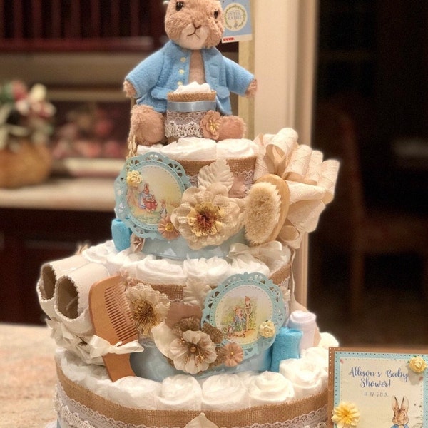 Premium 4tier Peter Rabbit Diaper Cake, Blue or Pink, Stuffed Peter ...