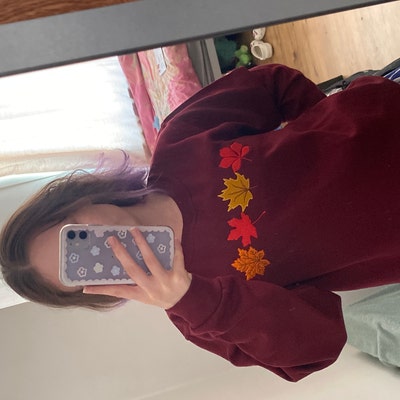 Vintage Fall Sweater, Embroidered Autumn Leaves Crewneck Sweatshirt