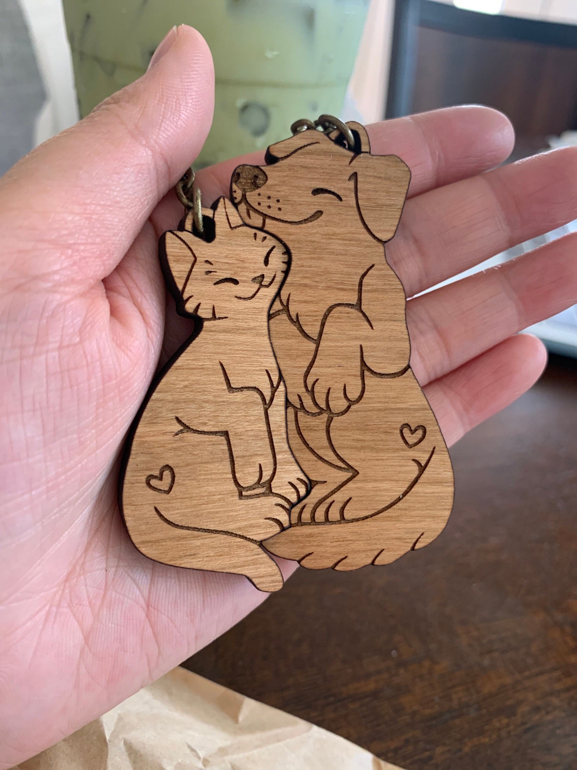 Dog and Cat Couple Keychains - Friendship or Relationship matching wooden keychain set
