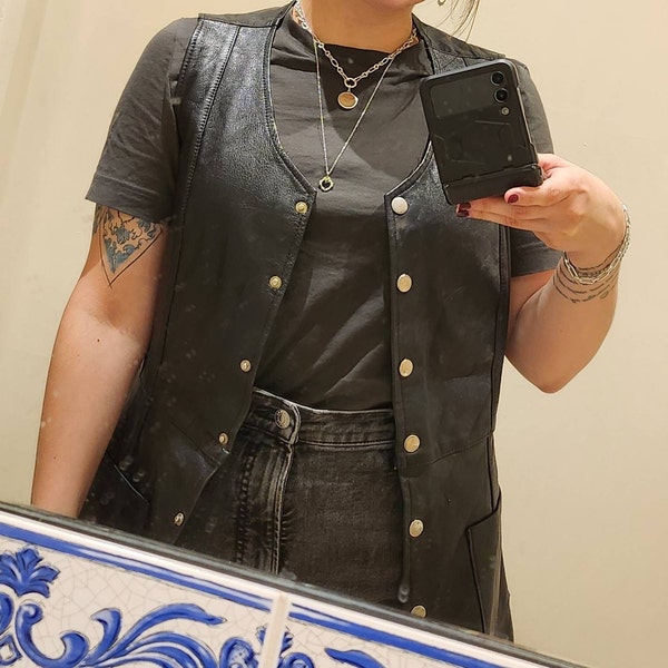 Vintage Navy Long Leather Trench Coat S M