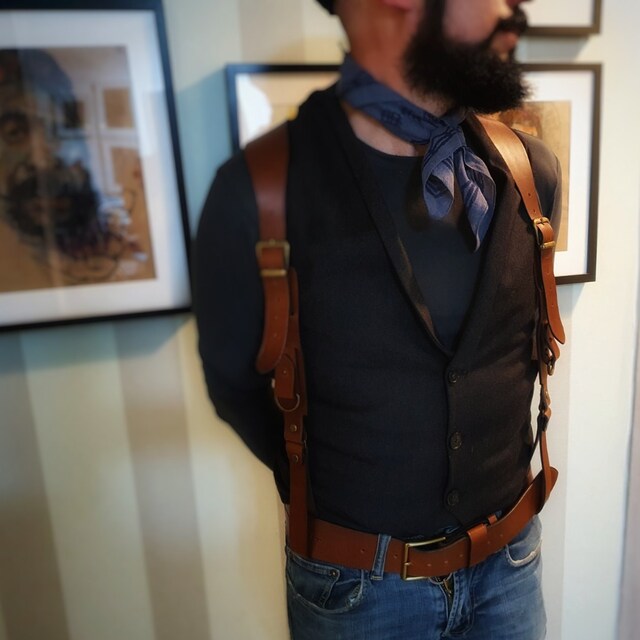 小物 Last Supper Leather Belt Сognac Leather Sword Belt, Handmade Leather Suspenders