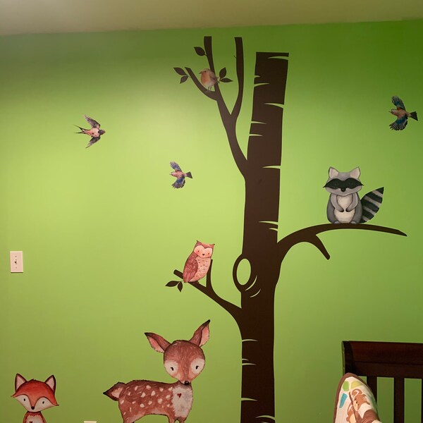 Nursery Trees Wall Decor Woodland Ancient Tree Watercolor Animals Fox