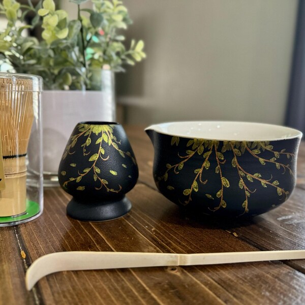 Matcha Whisk Set - Japanese Tea Ceremony Kit With Ceramic Bowl, Purple Bamboo Whisk, Sifter, Scoop, & Holder