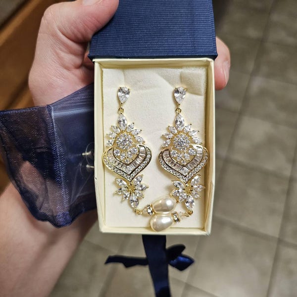 Wedding Ethnic Crystal Gold Color Chandelier Long Earrings for Women