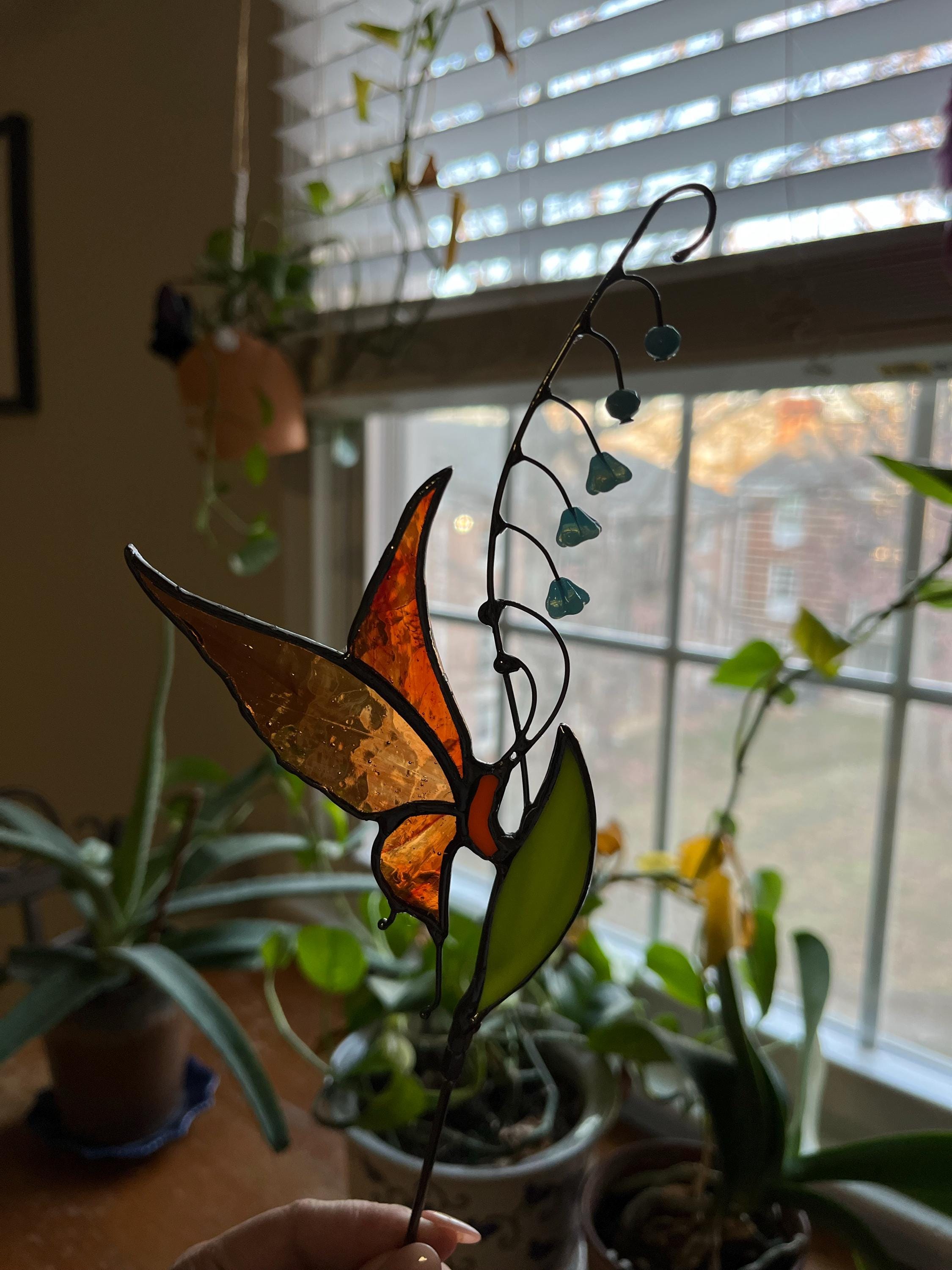 Stained glass Butterfly decor - Garden stake and Suncatcher 2 in 1 - Butterfly plant stake on metal rod - Thank You Gift for Mom