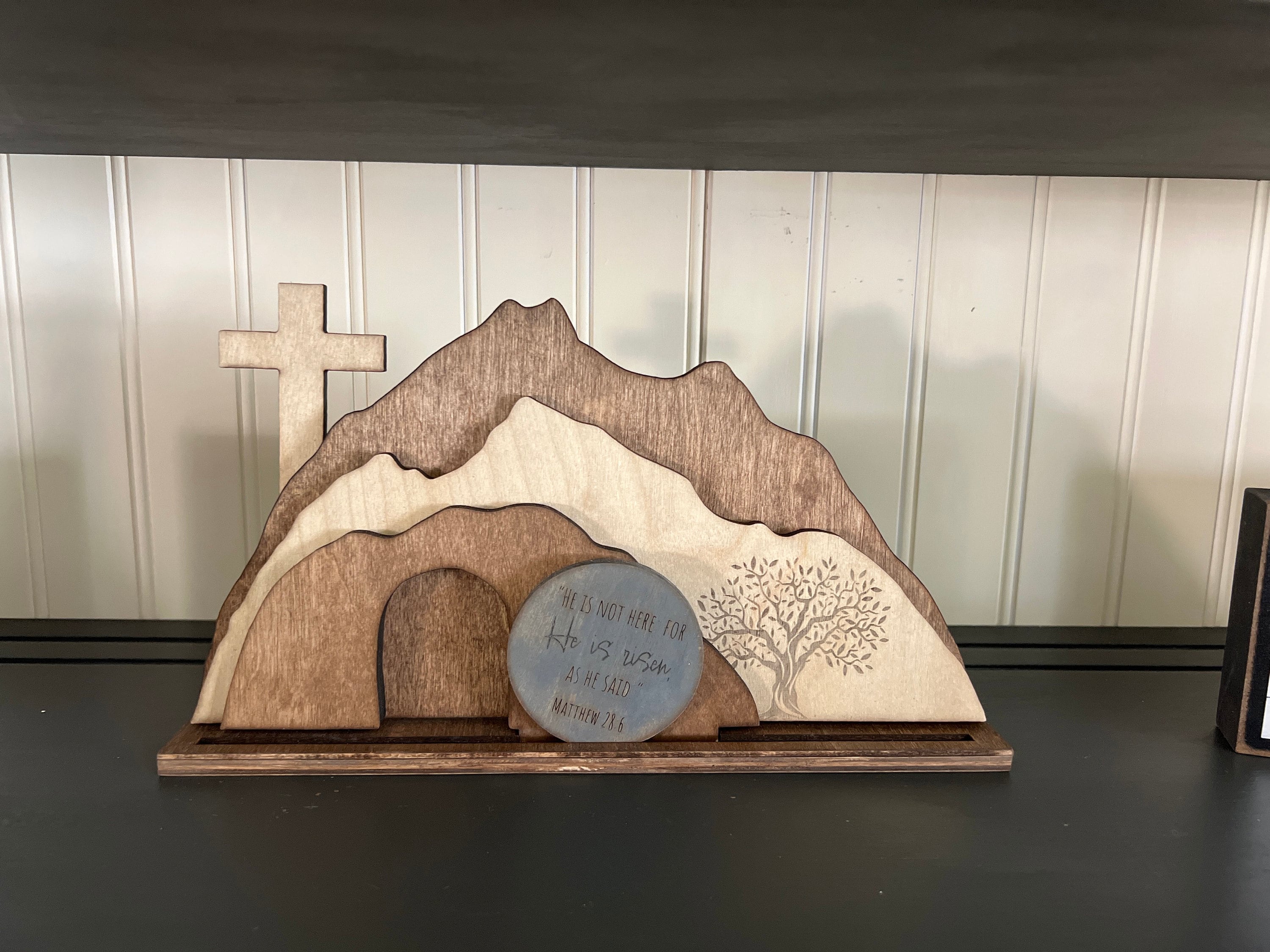 Empty Tomb &quot;He is Risen&quot; Decoration with Cross and Olive Tree, Religious, Christian, Easter Display, Easter Tomb, Laser Cut