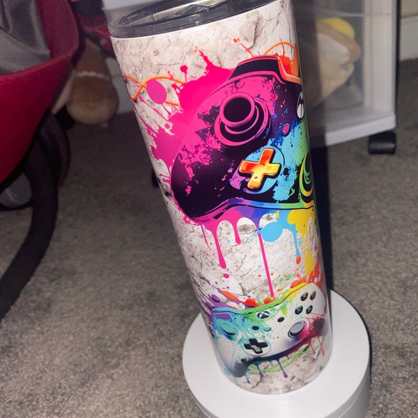 Gamer 20 Oz Skinny Tumbler Sublimation Design Neon Video Game ...