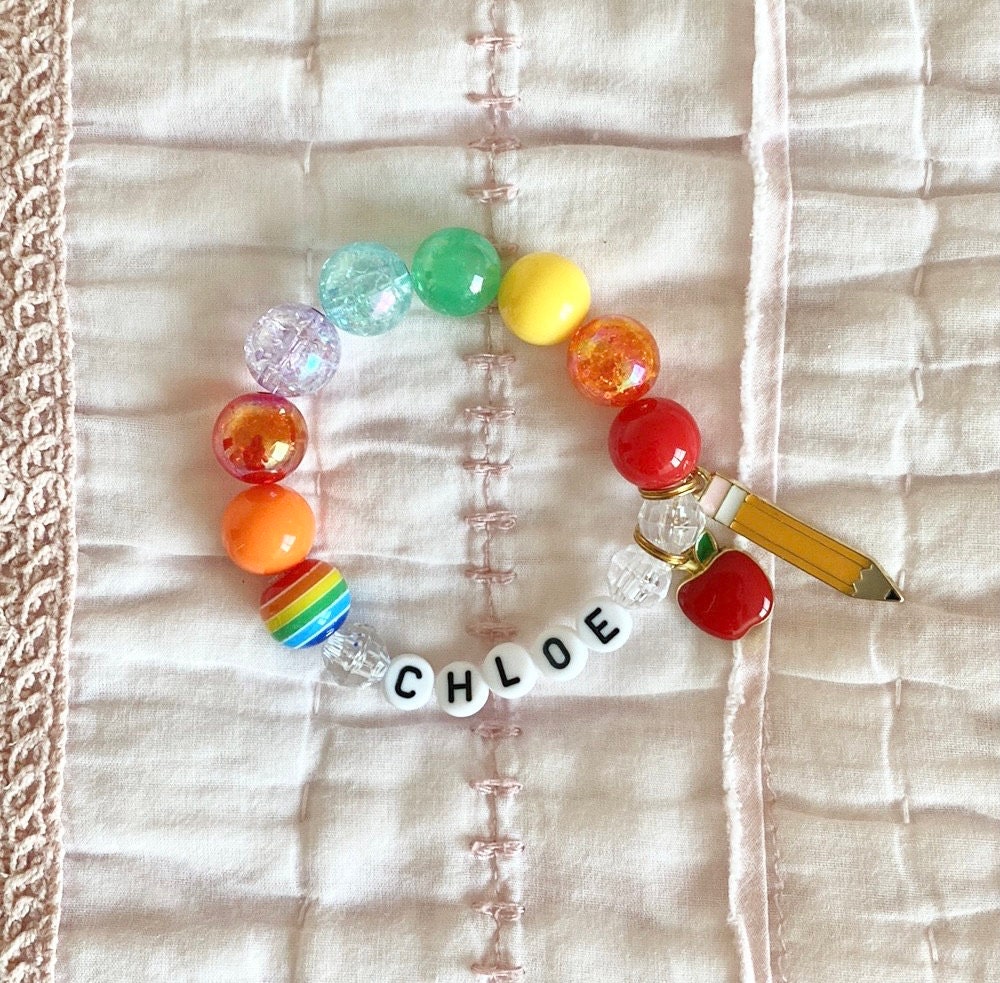 Kids Back to School Rainbow Pencil Apple Charm Bracelet, Toddler Bracelet, Personalized, Custom Name, Children&#39;s, Tulle